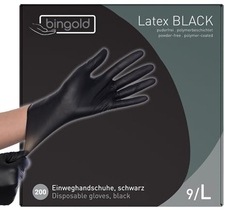 BINGOLD Einweghandschuhe Latex Black – 2 x 100 Stück Einmalhandschuhe Puderfrei, Latexhandschuhe Schwarz, Größe S, M, L, XL – Medizinische Qualität, Hohe Reißfestigkeit, Optimaler Grip (L)