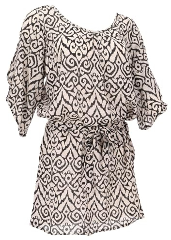 GURU SHOP Luftige Maxitunika, Boho Sommertunika, Minikleid, 3/4 Ärmel | Viskose, lockerer Schnitt, open Shoulder, Rückenausschnitt mit Quasten, vielseitig kombinierbar, schlichte Eleganz