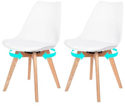 EGGREE 2er Set Bürostühle Drehbar, mit Beinen aus Massive Buche, Gepolstert Stühle ohne Arme Drehstühl, Weiß