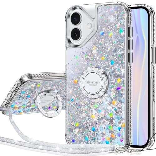 Silverback für iPhone 17 Hülle mit Band, Mädchen Glitzer Handyhülle mit Ring, Silikon Flüssigkeit Treibsand Handykette Schutzhülle für iPhone 17 Case - Silber