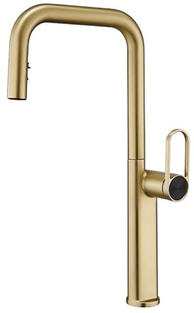 Küchenarmatur, Wasserhahn Küche mit ausziehbarer Brause,Spültischarmatur mit hohem Auslauf Küche, 360 Grad schwenkbarer Wasserhahn für die Küche, Heiß Kalt Armatur Küche (Brushed Gold)