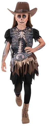 Smiffys Skeleton Cowgirl Costume for Girls, Spooky Western Halloween Outfit with Skeleton Print Dress and Holster Belt, Wild West Fancy Dress for Kids