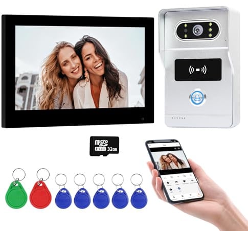 QttyElok Sistema di Videocitofono Tuya WiFi a 2 Fili per la Casa, Videocamera HD 1080P Campanello con Monitor Touch Screen da 7 Pollici, Sblocco Tramite APP Intelligente/Scheda RFID
