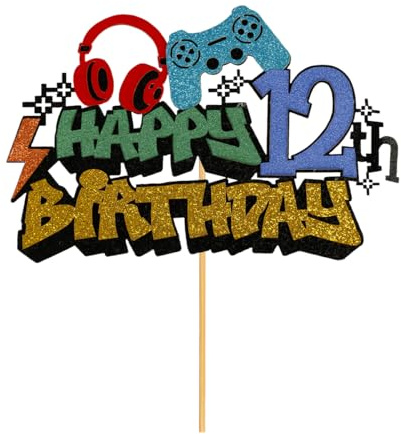 Lotsdonxia Video Game Cake Topper - Happy Birthday Glitter On Controller Design for Boys Party Supplies, Parper Decoration Picks for Gamer Theme Celebrations (12th)