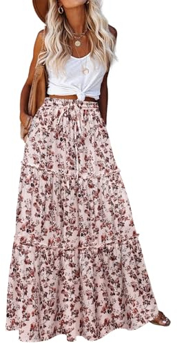 HOTOUCH Skirts for Women UK Elastic High Waist Maxi Skirt winth Pockets Floral Cluster Beige M