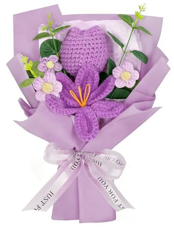 Funvalley Surperfect Crochet Flowers Bouquet Knitted Artificial Tulip Flower Bouquet for Mother's Day Anniversary Graduation Wedding Birthday Home Decoration (purple)