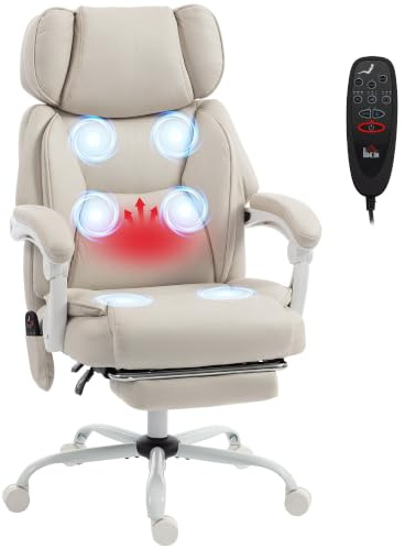 HOMCOM Bürostuhl mit Massagefunktion Ergonomisch Kunstleder Cremeweiß | Schreibtischstuhl mit Liege- & Wärmefunktion, Verstellbarer Kopfstütze, Höhenverstellbar Drehstuhl, Lordosenstütze, Fußstütze
