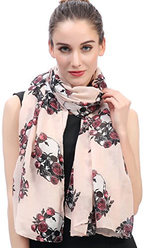 Lina & Lily Damen Schal mit Totenköpfen und Rosen (Pfirsich)