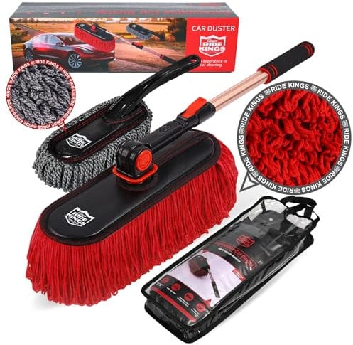 RIDE KINGS Car Duster Exterior Scratch Free,Car Dust Brush with Extendable Telescoping Handle to Remove Dust Pollen,Duster for Car,Truck,RV and Motorcycle,Large Car Mop Duster Head, Wax Cotton Hair
