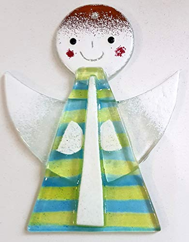 Oberstdorfer Glashütte Engel zum hängen aus farbigem Glas Fensterbild Weihnachten Glas Engel grün blau weiß Ornament Handarbeit Höhe ca 8 cm Breite ca 7 cm, Tiefe ca. 1 cm