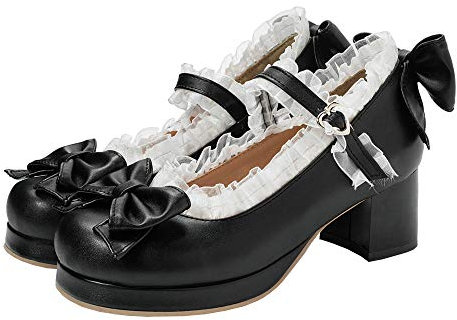 LUXMAX Women Kawaii Mid Block Heel Mary Jane Rockabilly Pumps with Bow Platform Chunky Heel Cute Sweet Shoes, Black, 5 UK
