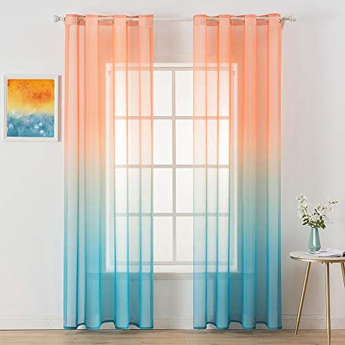 MIULEE Vorhang Gardine 2er Set Voile Vorhänge Sheer Leinenvorhang Ösen transparent Farbverlauf Schal Ösenschal für Wohnzimmer Schlafzimmer Kinderzimmer 140x260 cm (B x H) Orange und Blau
