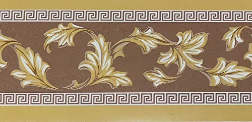 Dundee Deco MGAZBD3105 Peel and Stick Damask Mustard Yellow Green Leaves Scrolls Self Adhesive Wallpaper Border, Roll 33 ft X 4 in (10m X 10cm)