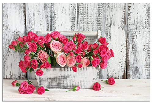 decomonkey - Impression sur Toile Intissé Rose Fleurs 60x40 1 Pièce - Tableau Décoration Appartement Cadre en Bois Déco Salon Peinture sur Toile Maison Planches bois fleurs nature plantes roses
