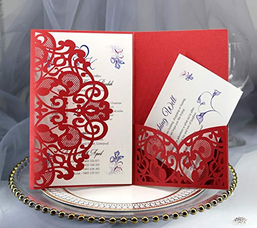 BLUGUL 10 Stück Hochzeit Einladungskarten, Hochzeitskarten, Hollow Floral Design, mit 2 Blanko-Karte, Rot