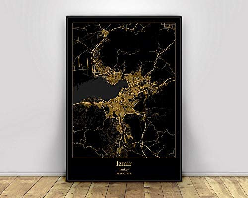 Leinwand Bild, Izmir Türkei Schwarz & Gold Stadt Lichtkarten Poster Benutzerdefinierte Welt Kunst Leinwand Malerei Wandkunst für Wohnzimmer Home Decor,20 * 30cm