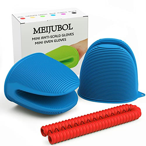 MEIJUBOL Ofenhandschuhe Verdicken Silikon Topflappen Hitzebeständiger Finger Griff Mini Ofen Mitts wasserdichte Topfhandschuhe zum Backen Kochen BBQ Grillen mit Backofenrostschutz Blau