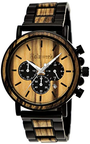Holzwerk Germany Handgefertigte Designer Herrenuhr Öko Natur Holzuhr Chronograph Armband-Uhr Analog Quarz Uhr Braun Schwarz Datum Holz Ziffernblatt