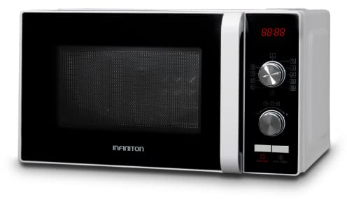 INFINITON MW-F201 - Microondas, Blanco, 20L, 700W, Control digital, Función Defrost, Interior cerámico, Puerta de cristal, Sistema sin plato giratorio