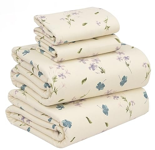 Ruvanti 100% Baumwolle, 4 Stück, Flanell-Bettlaken, Cal King-Size-Bett, Tiefe Tasche, warm, super weich, atmungsaktiv, feuchtigkeitsableitend, 2 Kissenbezüge, Jasmin-Creme