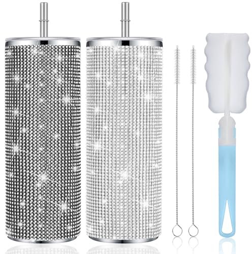 Tessco Bling Tumbler 590 ml Strass Tasse Weihnachten Geschenk Tasse Glitzer Diamant Flasche mit Deckel und Strohhalm Edelstahl Bling Thermo-Wasserflasche für Frauen (Silber, Schwarz)