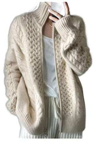 VATIVA – Cardigan tricoté épais à col haut en 100 % cachemire (couleur : écru, taille : XL)