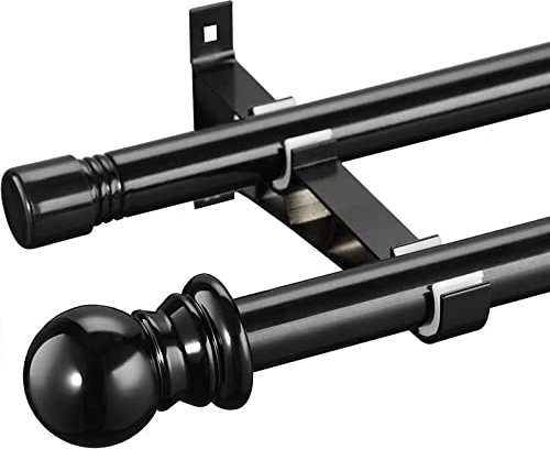 HARRMS 2 läufig Gardinenstange Schwarz, 76-222cm, Vorhangstange Ausziehbar Metall, Gardienenstangenset Wandwontage mit Halterungen und Endstücken für Wohnzimmer Schlafzimmer
