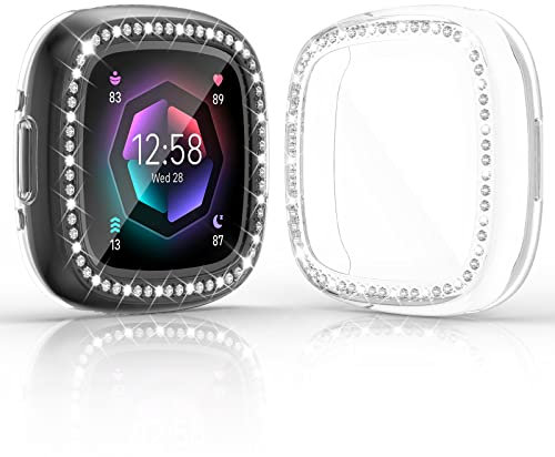 RICHONE 2er-Pack kompatibel mit Fitbit-Versa-4 & Sense 2 (2022) Displayschutzfolie, glitzernde Diamanten, weiche TPU-Stoßdämpfer, Smartwatch-Zubehör (transparent, 2 Stück, Versa 4 und Sense 2 Uhr)