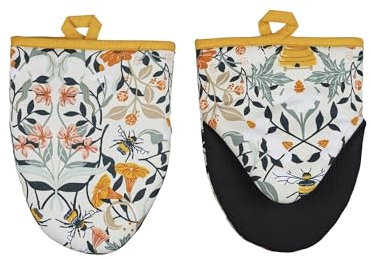 Ulster Weavers - Bumble Bee & Floral Microwave Oven Mitts (18 x 14.5cm) - 100% Cotton - 1x Pair - Bee Oven Glove Heat Resistant - Washable - Oven Glove with Flowers & Bees - Bee Kitchen Accessories