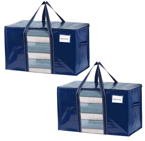 VENO 2 Pack Heavy Duty Moving Bags for Clothes,Extra Large Moving House Essentials,Underbed Storage Packing Boxes for Duvet,Waterproof Laundry Bags Organiser (Blue, 2 Pack)