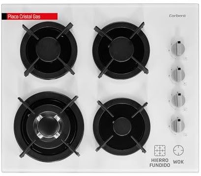 Corberó - Placa de Cristal a Gas | CPCGY2314W | 7,8 Kw | 4 Fuegos | Zona Wok | Parrilla de Hierro Fundido | Sin Autoencendido | Desconexión Automática | Kit de conversión a gas natural | Blanco