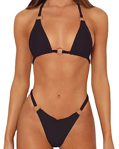 TTPSRY Damen Bikini Set Badeanzüg Push Up mit Dreieck Cup Spaghetti Zweiteilige Badebekleidung Bademode (Schwarz/S)
