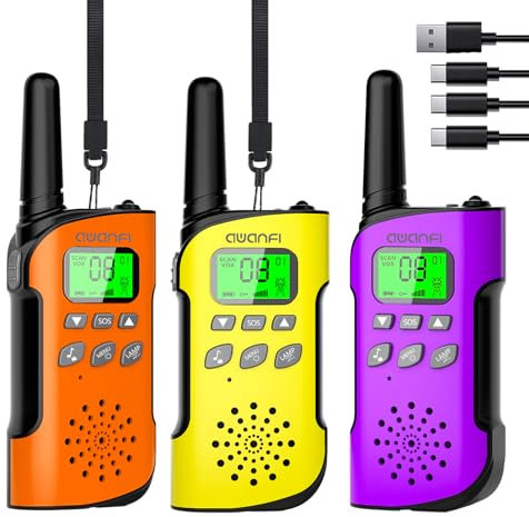 AWANFI Talkie Walkie Enfants Adultes Rechargeable 3 Pièces, Talkie-Walkie Longue Portée Lampe Torche 8 Canaux, Walkie Talkie USB Type C pour Camping, Randonneé, Vélo, Cadeau Jouet pour Fille et Garçon