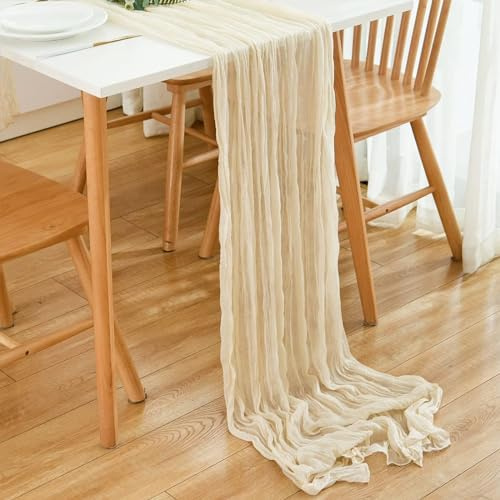 PAITOK Cheesecloth Table Runner,90 * 300 CM Boho Gauze Fabric Tablecloth Rustic Table Cover Muslin Decorative Fabric for Wedding Baby Shower Party Table Decoration(Beige)