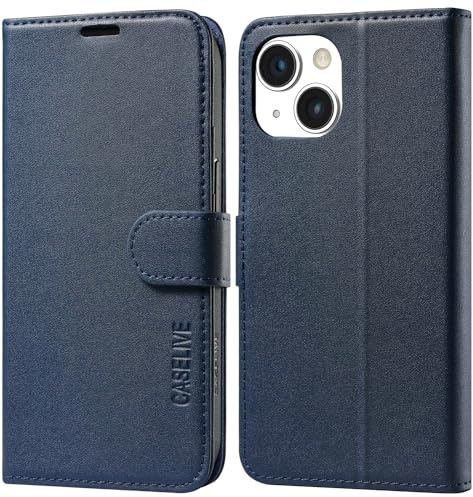 CASELIVE Wallet Case for iPhone 15 Plus, Genuine Leather Case with [Card Holder] [Screen Protector] [RFID Blocking][Shockproof TPU Shell] Kickstand Folio Cover for iPhone 15 Plus 6.7''(Dark Blue)