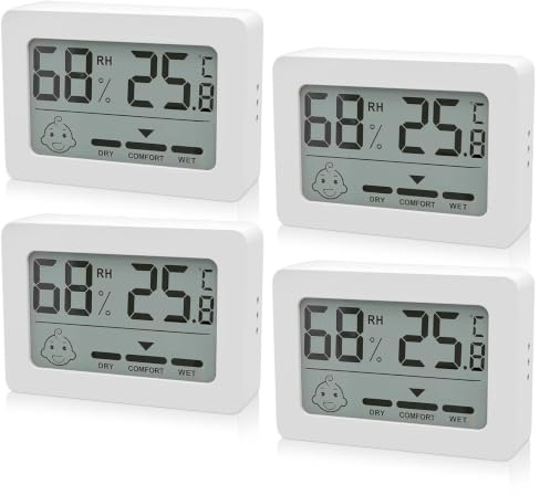 Digital Thermometer Hygrometer Innen, 4er Mini Luftfeuchtigkeitsmesser Raumthermometer Innen mit Smiley-Indikator, Temperatur Zimmerthermometer für Babyraum Wohnzimmer Raum Büro, Weiß
