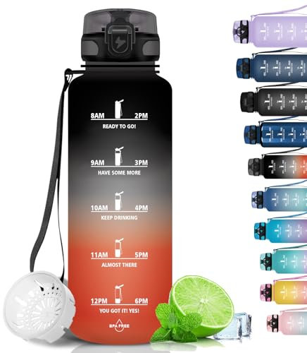 Grsta Trinkflasche 1,5 Liter - Trinkflasche Sport, BPA Frei, Trinkflasche Kohlensäure Geeignet, Auslaufsicher, Wasserflasche mit Filter und Zeitmarkierung für Gym, Schule, Büro und Outdoor