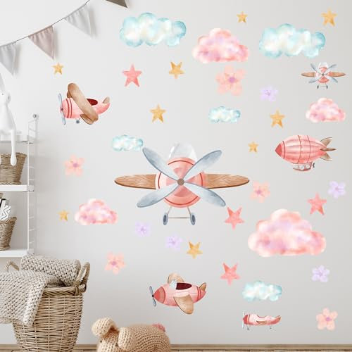 GRAZDesign Wandtattoo Kinderzimmer Mädchen - Flugzeuge mit Wolken, Blumen Set - beliebig platzierbar Wandaufkleber Mädchenzimmer 57x57cm