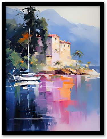Artery8 Sail Boat on Lake Como Colourful Oil Painting Scenic Italian Landscape Art Print Framed Poster Wall Decor 12x16 inch