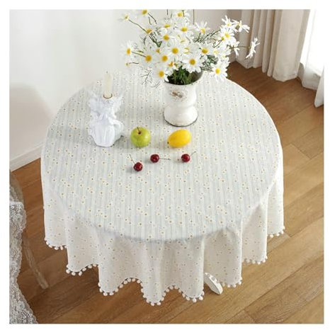 Gualiy Baumwolle Tischdecke Rund, Tischdecken 140x140CM Abwaschbare Tischdecke Wohnzimmer Blume Jacquard mit Kugel Quasten Tischdecke für Außenbereich, Gelb