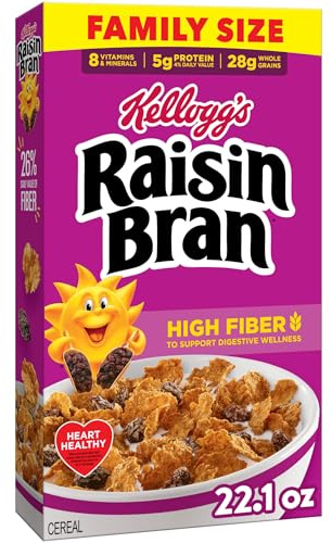 Kellogg's Raisin Bran Céréales pour petit-déjeuner, céréales en fibres, petit-déjeuner familial, taille familiale, originale, boîte de 650 ml (1 boîte)