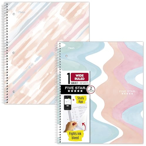 Five Star Spiral Notebook + Study App, 2 Pack, 1 Subject, Wide Ruled, 8 x 10-1/2, 80 Sheets, Fights Ink Bleed, Water Resistant Cover, Pastel Waves and Brush Strokes (930210F-ECM)