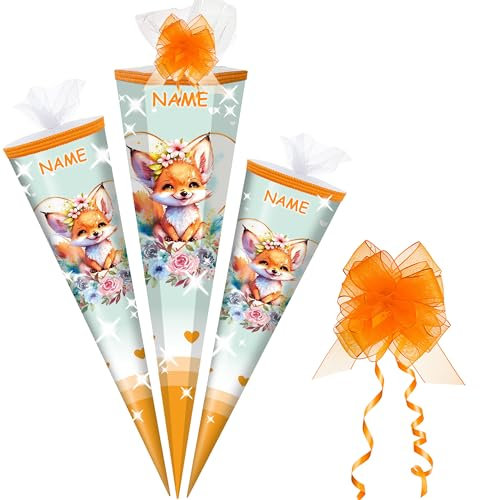 alles-meine.de GmbH Schultüte - mit 3D Glitzer - Effekt ! - süßer Fuchs - 50-85 cm - Größe wählbar - inkl. Name + Tüll Schleife - Zuckertüte - Tüll Abschluß - eckig/rund - kl..