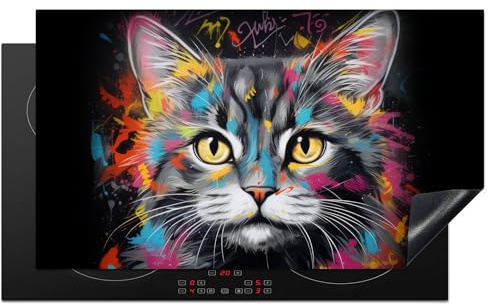 KitchenYeah© Protection Pour Plaque Induction 89x51 cm Plaque de Deco Cuisine Protégé Cache De Cuisson Vitroceramique Chat - Graffiti - Animaux - Couleurs - Gris