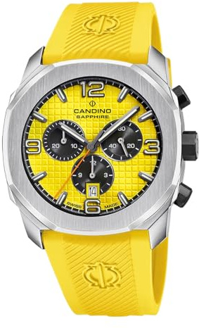 Candino Swiss Herrenuhr Analog aus Kautschuk Gelb | Quarzwerk, Chronograph, Kalender, Widerstandsfähiges Saphirglas, Wasserdicht 10 ATM C4774/1 Icon