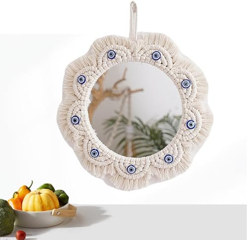 NSXIN Makramee Wandspiegel Hängender Spiegel mit Fransen, Runden Handgefertigt Boho Spiegel Wanddeko, Gewebten Wandbehang Deko für Wohnung, Zuhause, Schlafzimmer, Wohnzimmer (B)