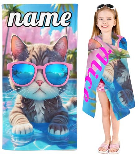 SMchwbc Personalisiert Strandtuch Mit Namen, Handtuch Katze mit Namen personalisiert Badetuch Mikrofaser Katze Strandtuch Groß 100x200cm Badetuch Duschtuch Katze für Strand (1,80 x 160 cm)