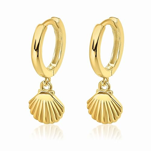 Mary & Jules Muschel Ohrringe Gold hängend, 925 Sterling Silber, vergoldet, aus reyceltem Silber, Creolen Gold mit hübschen Muschel Anhänger, Sommer Ohrringe Creolen