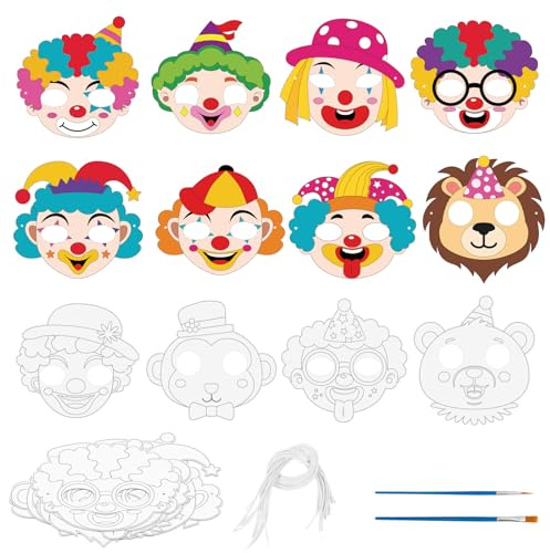 ZEELONA 24 Pcs Circus Crafts for Kids Color Your Own Clown Masks DIY Coloring Arts and Crafts for Circus Party Supplies Birthday Carnival 100 Days of School Costume Cosplay Dress Up