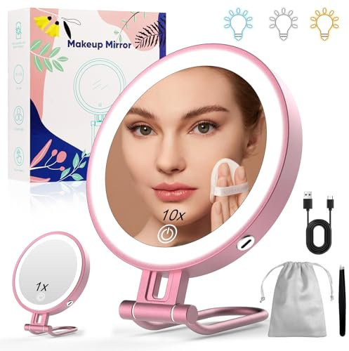 Robofun Schminkspiegel mit Beleuchtung, 1X/10X Vergrößerungsspiegel mit Licht, 3 Farblichter, 20%-100% Helligkeit, Beleuchteter kosmetikspiegel mit Beleuchtung, 3000mAh - Roségold Metallgehäuse
